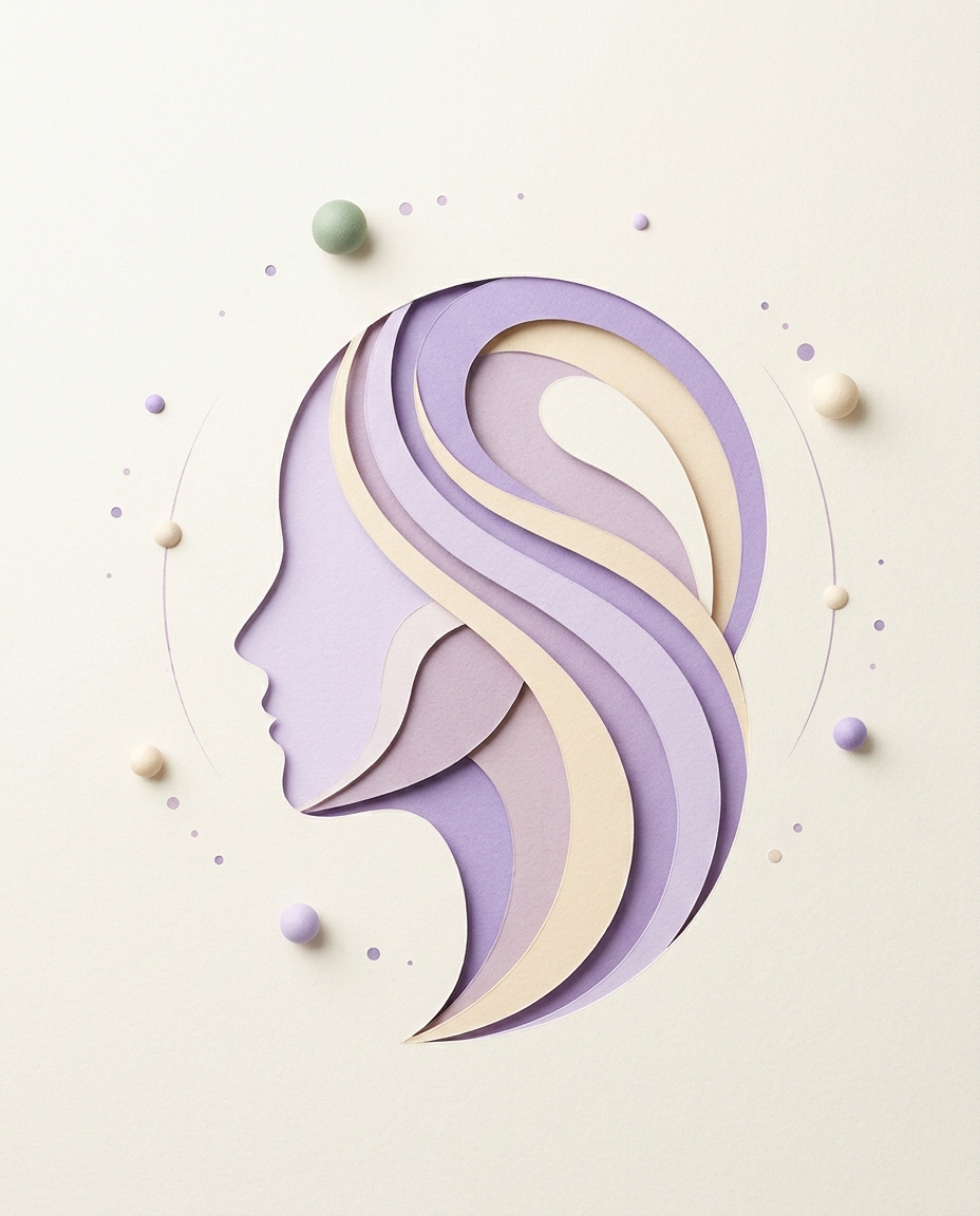 Layered paper-cut profile with orbiting spheres, in lilac and cream