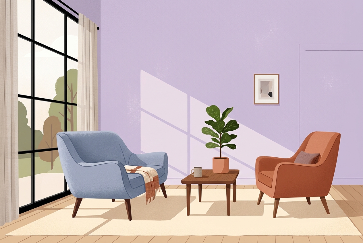 Two soft lounge chairs facing each other in a calm lilac room